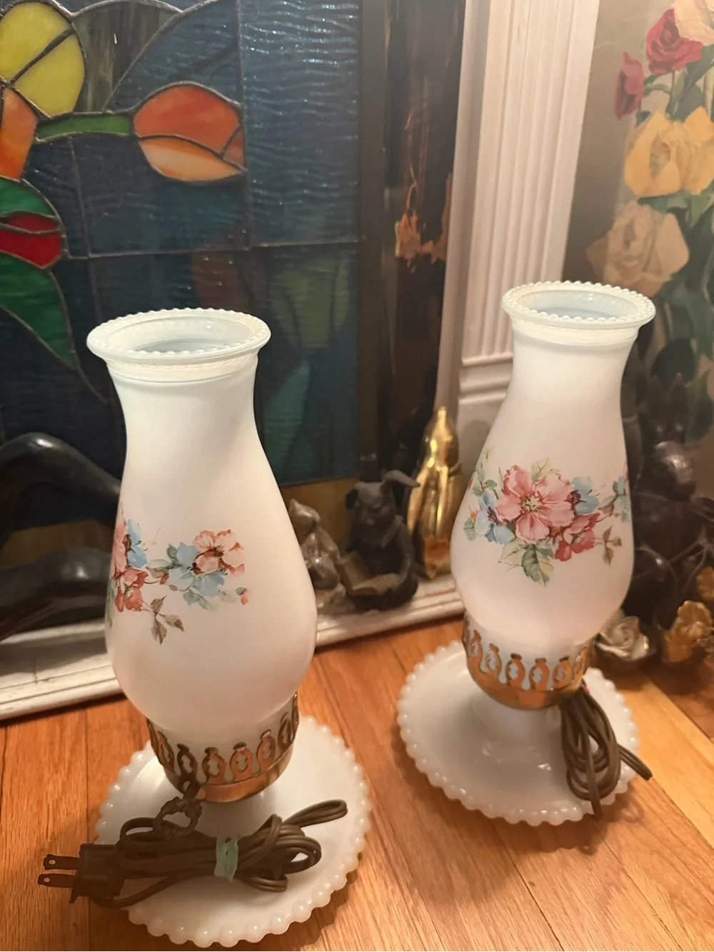 Vtg Pair Hobnail Milk Glass Raised Brass Floral Hurricane Electric Table Lamps